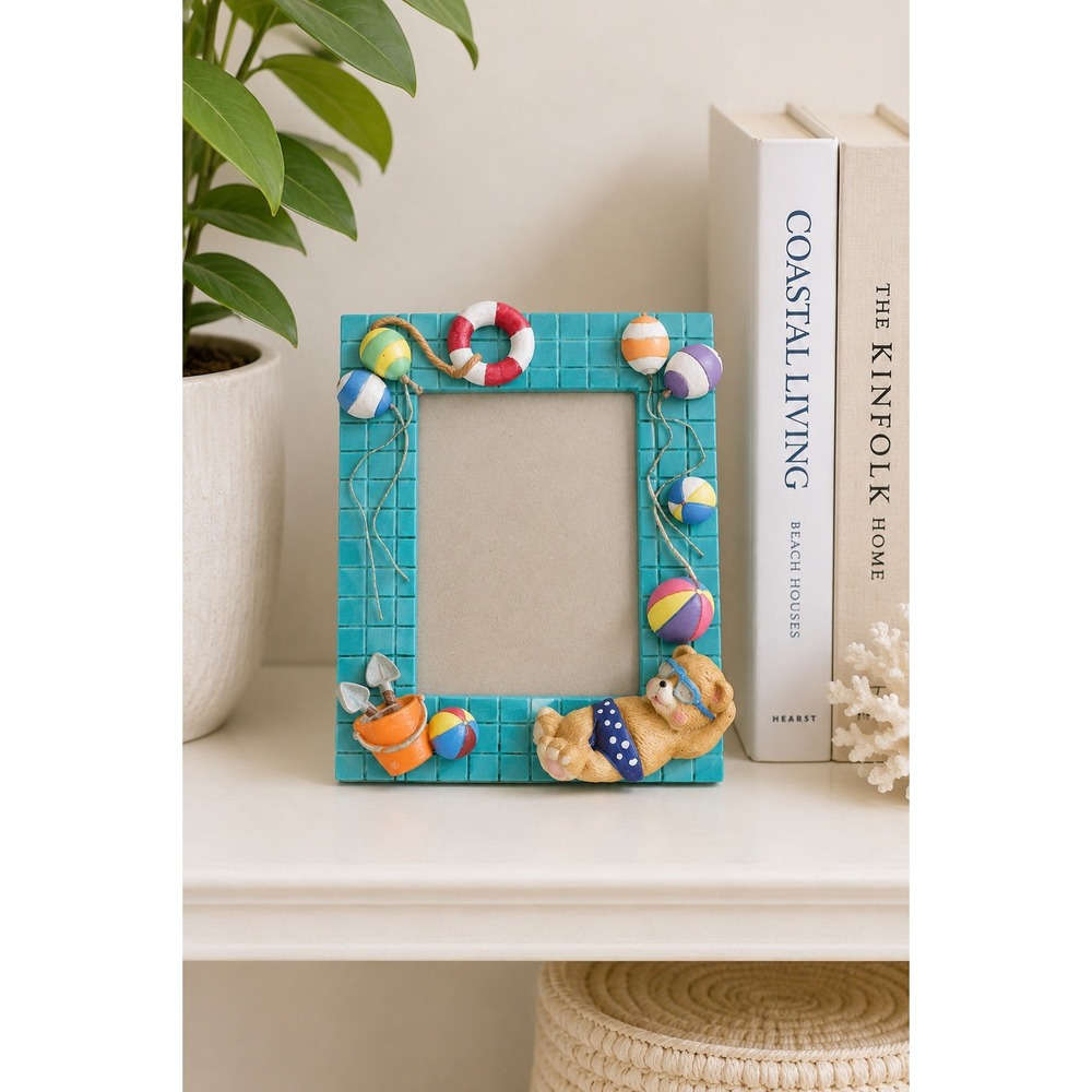 Vintage 3D Teddy Bear Beach Picture Frame Turquoise Resin Coastal Nursery Decor‎